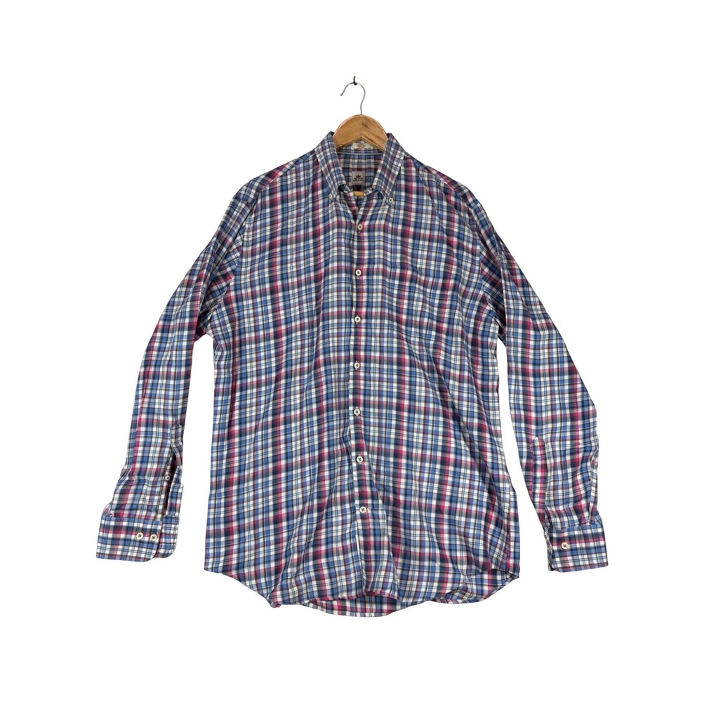 Peter Millar Mens Large Plaid Button Down Shirt Blue Pink‎ Cotton Long Sleeve